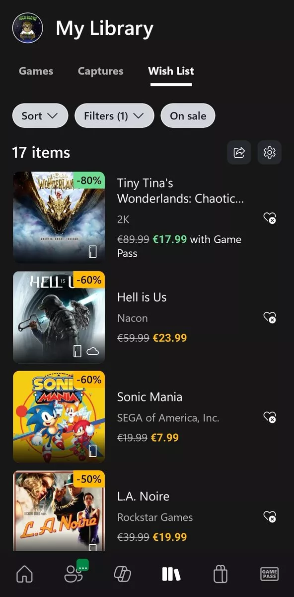 La app de Xbox ya permite ordenar tu lista de deseados por precio y descuento