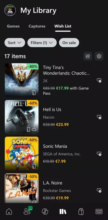 La app de Xbox ya permite ordenar tu lista de deseados por precio y descuento