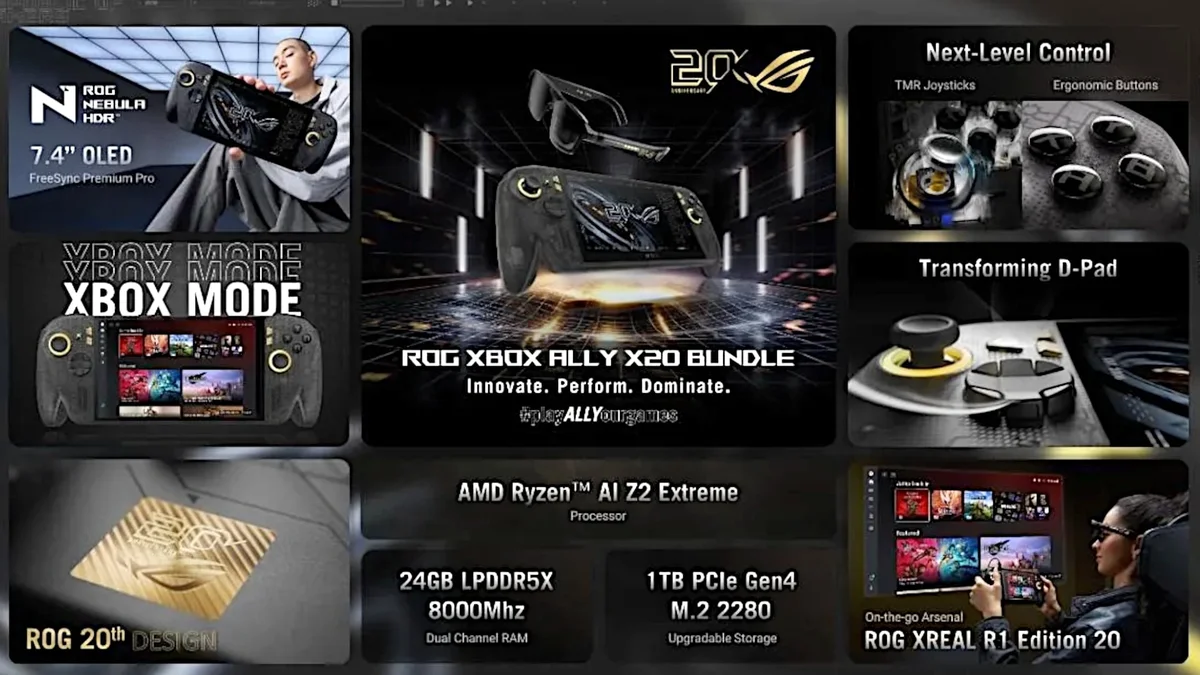 Ficha de specs ROG Xbox Ally X20: OLED 7.4", AMD Ryzen AI Z2 Extreme, 24GB LPDDR5X, 1TB.